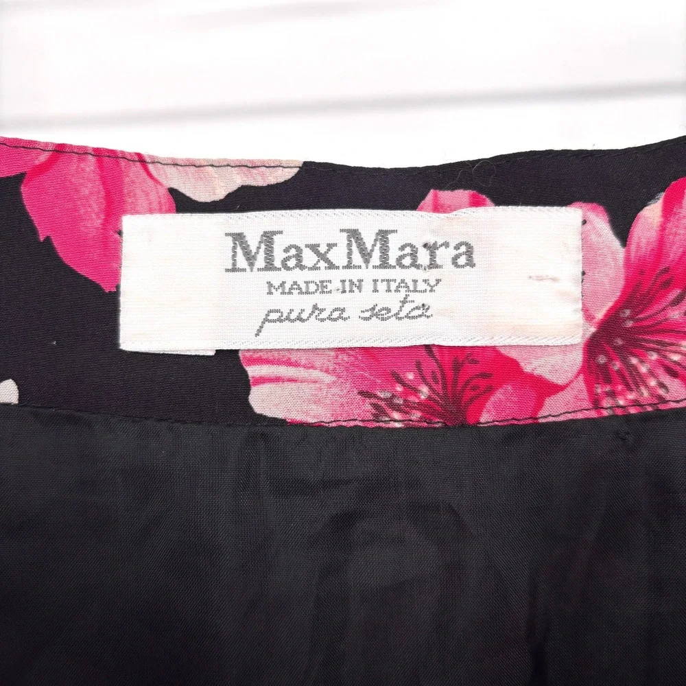 Vintage MaxMara‎ Silk Floral Polka Dot Pleated Skirt Made in Italy Pink Black 8